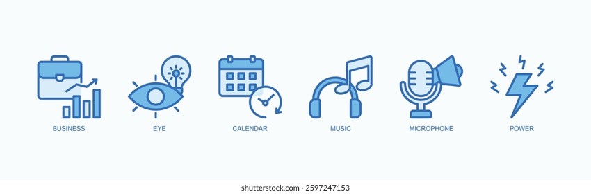 Vision And Venture Icon Set Isolated Vector Illustration Concept With Icon Of Business, Eye, Calendar, Music, Microphone, Power In Blue Style