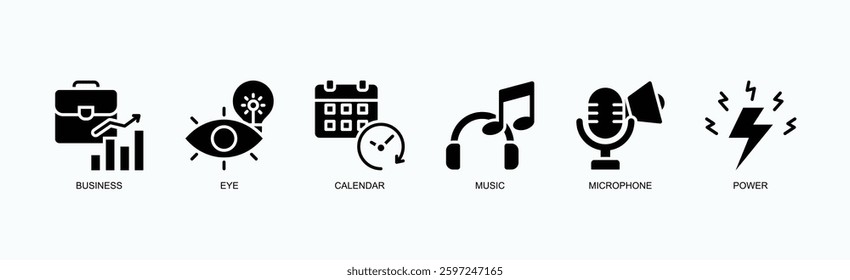 Vision And Venture Icon Set Isolated Vector Illustration Concept With Icon Of Business, Eye, Calendar, Music, Microphone, Power In Glyph Style