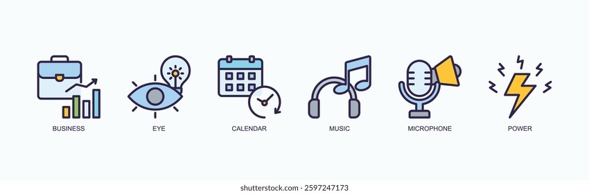 Vision And Venture Icon Set Isolated Vector Illustration Concept With Icon Of Business, Eye, Calendar, Music, Microphone, Power In Outline Color Style