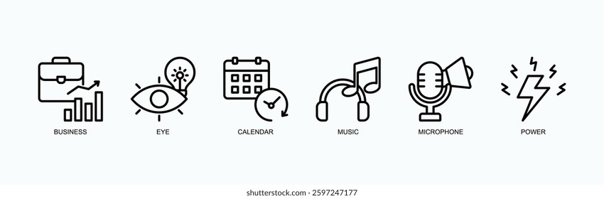 Vision And Venture Icon Set Isolated Vector Illustration Concept With Icon Of Business, Eye, Calendar, Music, Microphone, Power In Outline Style