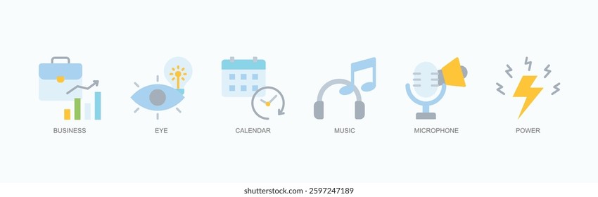 Vision And Venture Icon Set Isolated Vector Illustration Concept With Icon Of Business, Eye, Calendar, Music, Microphone, Power In Flat Style
