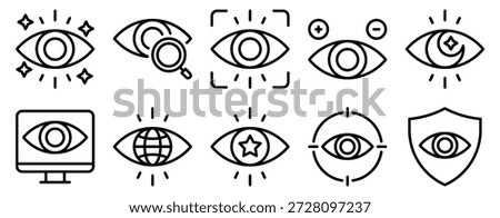 Vision visibility icon set line style illustrating sight clarity awareness perception and visual focus concept.