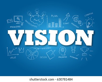 Vision word on light blue background. Vector illustration.