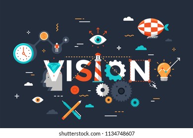 Vision word surrounded by eye, airship, gear wheels, clock and light bulb symbols. Creative infographic banner with elements in flat style. Vector illustration for website, presentation, brochure.