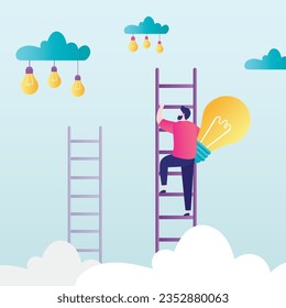 Lluvia de ideas visionaria. Idea creativa, inspiración o imaginación para crear nuevos trabajos innovadores, oportunidades. empresario o creativo escalando escaleras a las nubes para encontrar una idea de bombilla. vector plano