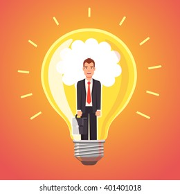 Visionary business man glowing with ideas and opportunities like a light bulb. Flat style vector illustration.