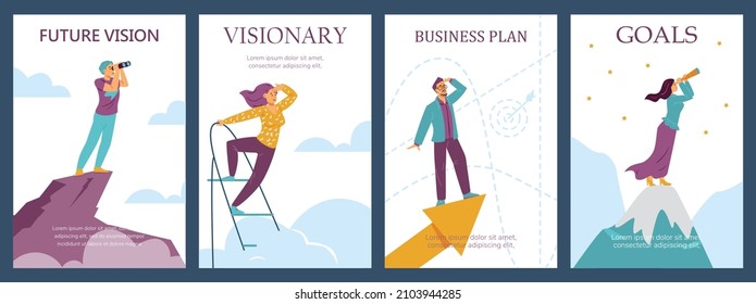 Visionary business people set goals for future, build career, choose direction of business growth. Set with business male, female characters in flat vector illustration isolated on white background