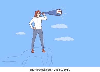 Visionary business woman with strategic thinking stands on top of cliff using spyglass. Successful girl makes visionary plans for future to develop strategy to achieve ambitious goal