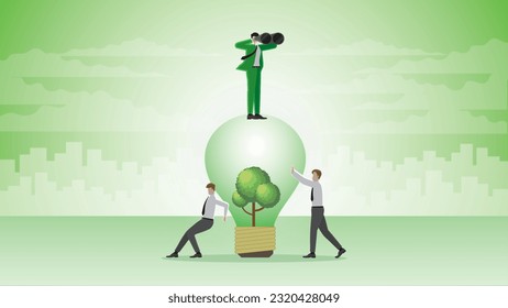 A visionary businessman uses binoculars on a tree lightbulb with team support. Look for ESG business idea, Environmental policy, Green energy, Eco-friendly, Sustainable and Nature concern concept.