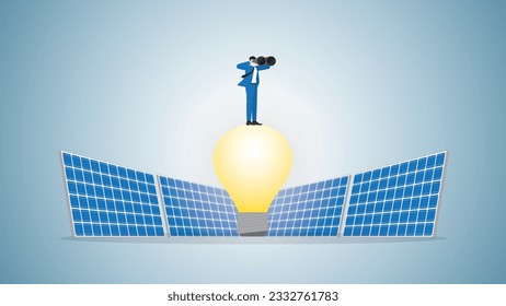 Visionary businessman uses binoculars on light bulb powered by solar cells. ESG, Renewable, Alternative, Green energy, Sustainable Environmental policy, Net zero emission, Carbon footprint reduction.
