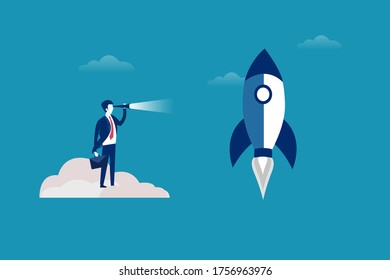 Visionary businessman vector concept: businessman watching the launching rocket with his telescope while standing on clouds