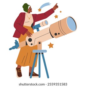 Visionary businesswoman exploring opportunities with telescope. Astronomical discovery metaphor. Aspiration and ambition in the corporate world. Vector illustration.