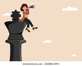 Visionary Businesswoman Sitting on Giant Chess King with Telescope Aiming at Target, Symbolizing Strategic Vision, Leadership, and Long-Term Goal Planning.