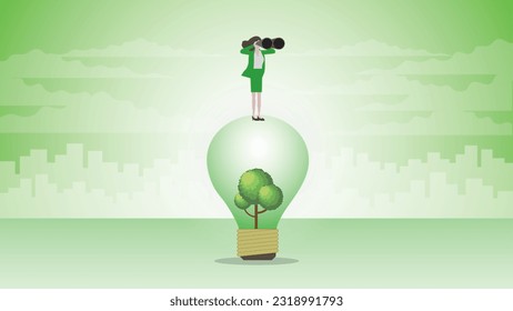Visionary businesswoman uses binoculars on a tree lightbulb in the city. Look for ESG business idea, Environmental policy, Green energy, Eco-friendly, Sustainable and Global nature concern concept.