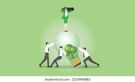 Visionary businesswoman uses binoculars on a tree lightbulb with team support. Look for ESG business idea, Environmental policy, Green energy, Eco-friendly, Sustainable and Nature concern concept.