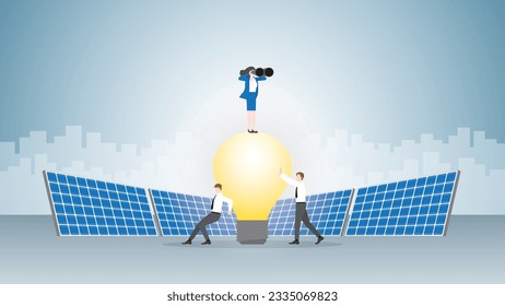 Visionary businesswoman uses binoculars on light bulb powered by solar cells with team support. ESG, Renewable, Alternative, Green energy, Sustainable Environmental policy, Net zero, Carbon reduction.