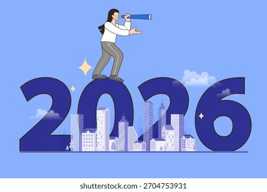 Uma empresária visionária usa um telescópio no texto de 2026. Esse conceito ilustra a previsão de negócios futuros, o planejamento estratégico para novas oportunidades e o crescimento econômico na cidade.