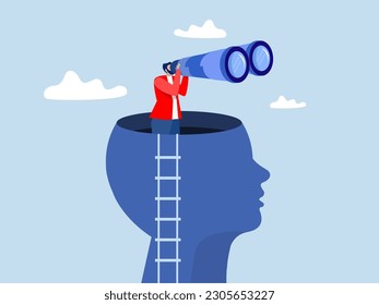 Visionary concept businessman holding huge tourists binocular  to see future for observation, discovery ,opportunity, challenge for clear vision on head 
