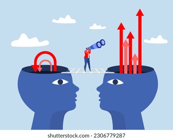 Visionary concept ,businessman holding huge tourists businessman holding huge  binocular to see different growth mindset and fixed mindset thinking on head discovery ,opportunity, challenge concept ve