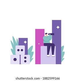a visionary concept, marketing manager, and business target set. Illustration of an entrepreneur using a telescope or binoculars to see a chance of success. flat style. vector design element