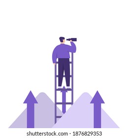 un concepto visionario, ver el futuro. establecer estrategias y objetivos para el futuro. ilustración de un hombre escalando escaleras y mirando alrededor usando un telescopio o binoculares. flecha hacia arriba y hacia arriba