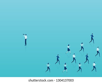 Visionary concept. Vector of an outsider businessman looking in opposite to crowd direction 