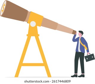 Visionary to discover opportunity. smart businessman look through big telescope, business forecast


