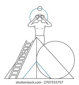 Visionary Explorer Man with Binoculars on Geometric Structure