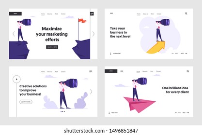 Visionary Forecast Prediction, Future Planning Website Landing Page Set. Businesspeople Watching to Huge Binoculars Searching Ideas, Career Challenge Web Page Banner. Cartoon Flat Vector Illustration