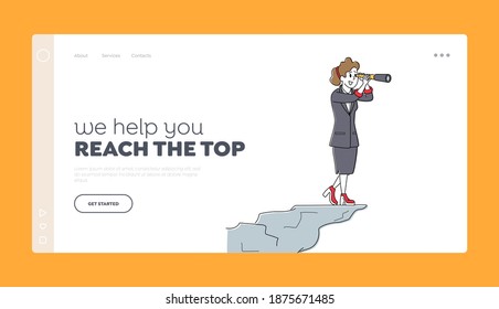 Visionary Forecast Prediction Landing Page Template. Businesswoman Stand on Mountain Top Watching into Spyglass. Female Character Business Vision, Recruitment Employee. Linear Vector Illustration