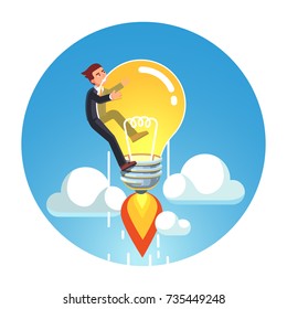 Visionary Genius Business Man Riding Jet Rocket Lightbulb Up Into Sky Above Clouds Concept. Project Based On Great Creative Idea & Exponential Growth Metaphor. Flat Vector Isolated Illustration.