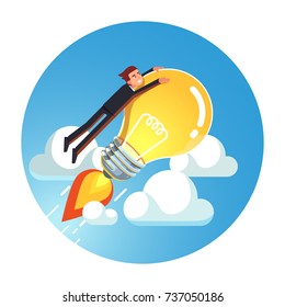 Visionary genius business man riding jet rocket lightbulb up into sky above clouds concept. Project based on great creative idea & growth metaphor. Flat vector isolated illustration.