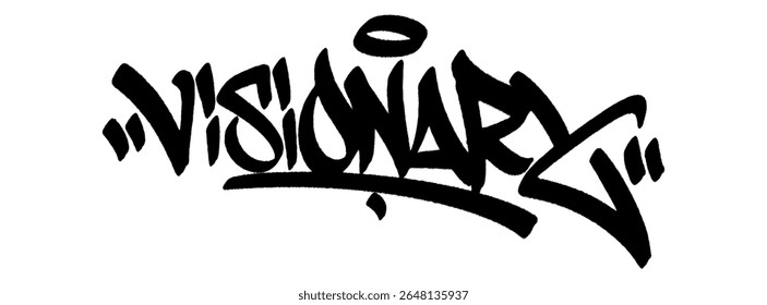 Visionary graffiti tag in bold black spray paint with drips. Transparent background. Urban design symbolizing forward thinking and sigma leadership.