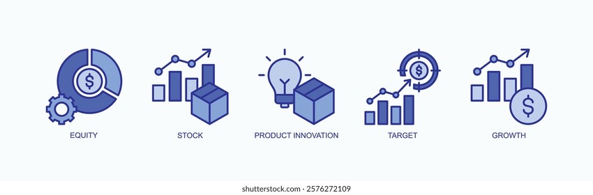 A Visionary Icon Set Isolated Vector With Icon Of Equity, Stock, Product Innovation, Target, Growth In Blue Style
