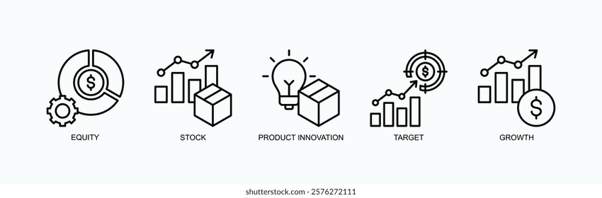 A Visionary Icon Set Isolated Vector With Icon Of Equity, Stock, Product Innovation, Target, Growth In Outline Style