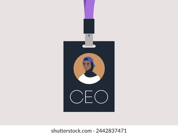 The Visionary Leader, A CEO Face Badge, A lanyard featuring the image of a Female Chief Executive Officer face, symbolizing leadership and vision in a modern corporate setting