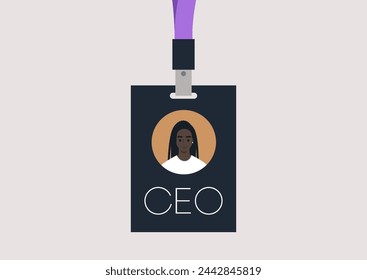 The Visionary Leader, A CEO Face Badge, A lanyard featuring the image of a Female Chief Executive Officer face, symbolizing leadership and vision in a modern corporate setting