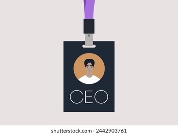 The Visionary Leader, A CEO Face Badge, A lanyard featuring the image of a Chief Executive Officer face, symbolizing leadership and vision in a modern corporate setting