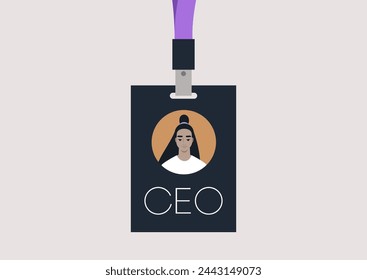 The Visionary Leader, A CEO Face Badge, A lanyard featuring the image of a Female Chief Executive Officer face, symbolizing leadership and vision in a modern corporate setting