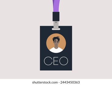 The Visionary Leader, A CEO Face Badge, A lanyard featuring the image of a Chief Executive Officer face, symbolizing leadership and vision in a modern corporate setting