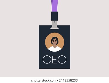 The Visionary Leader, A CEO Face Badge, A lanyard featuring the image of a Female Chief Executive Officer face, symbolizing leadership and vision in a modern corporate setting