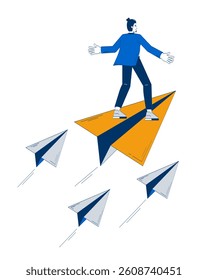 Visionary leader flying forward on paper plane doodle illustration concept. Business navigation. Strategic direction man moving ahead cartoon 2D character isolated on white. Hand drawn vector metaphor