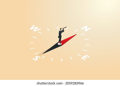 Visionary leadership businessman looking at telescope on compass. future vision strategy concept. isometric vector illustration.