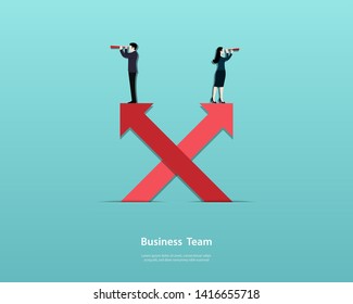 Visionary leadership concept, Business team men and woman looking through telescope standing on arrow to success goal, Difference, Teamwork, Vector illustration flat