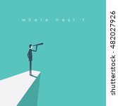 Visionary leadership concept vector illustration with business man looking through telescope from a cliff. Eps10 vector illustration.