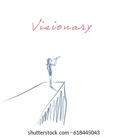 Visionary leadership concept vector illustration with business woman looking through telescope from a cliff. Hand drawn sketch design. Eps10 vector illustration.