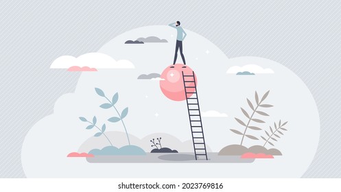 Visionary leadership with vision ir future opportunities tiny person concept. Businessman looking beyond for company strategy or challenges vector illustration. Right direction or decisions for target