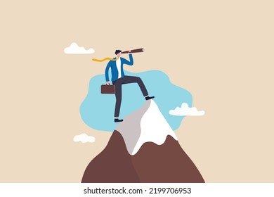 Visionary, look to see future or search for opportunity, finding way to success or discover new job or career, challenge or mission concept, businessman look through telescope to see business vision.