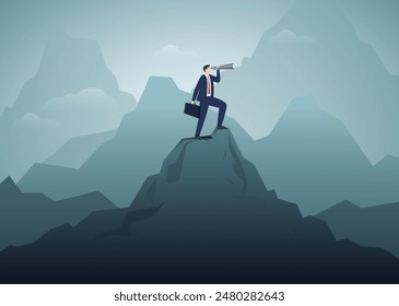 Visionary, look to see future or search for opportunity, finding way to success or discover new job or career, challenge or mission concept, businessman look through telescope to see business vision.