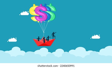 visionary male leader moves the organization forward with money. Paper boat floats with money balloons